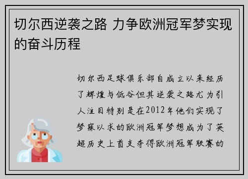 切尔西逆袭之路 力争欧洲冠军梦实现的奋斗历程