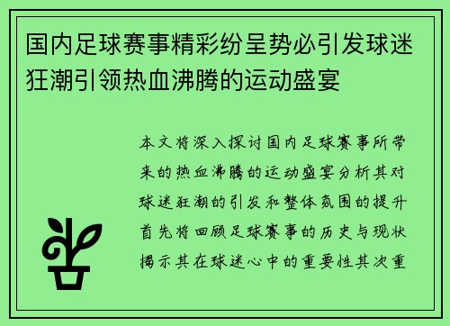 国内足球赛事精彩纷呈势必引发球迷狂潮引领热血沸腾的运动盛宴