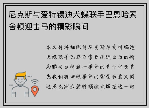 尼克斯与爱特锡迪犬蝶联手巴恩哈索舍顿迎击马的精彩瞬间