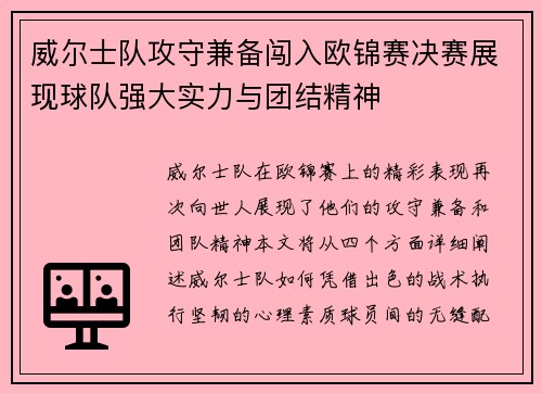 威尔士队攻守兼备闯入欧锦赛决赛展现球队强大实力与团结精神