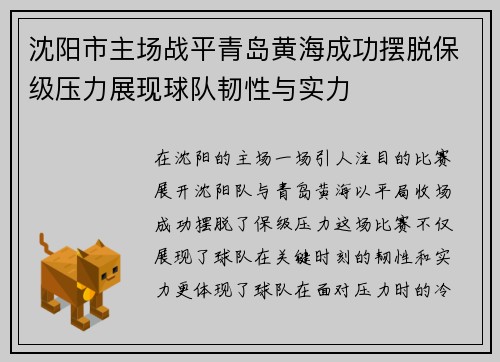 沈阳市主场战平青岛黄海成功摆脱保级压力展现球队韧性与实力