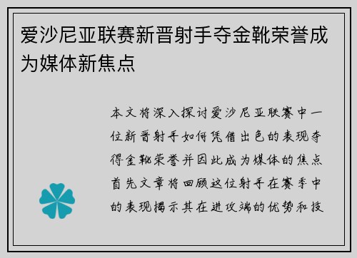 爱沙尼亚联赛新晋射手夺金靴荣誉成为媒体新焦点