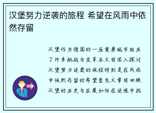 汉堡努力逆袭的旅程 希望在风雨中依然存留