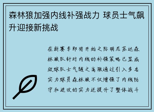 森林狼加强内线补强战力 球员士气飙升迎接新挑战
