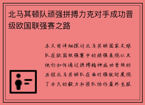 北马其顿队顽强拼搏力克对手成功晋级欧国联强赛之路