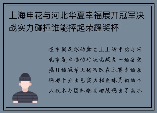 上海申花与河北华夏幸福展开冠军决战实力碰撞谁能捧起荣耀奖杯