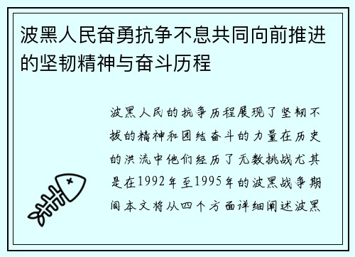 波黑人民奋勇抗争不息共同向前推进的坚韧精神与奋斗历程