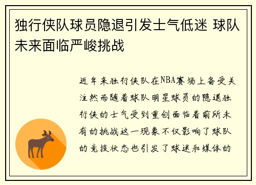 独行侠队球员隐退引发士气低迷 球队未来面临严峻挑战