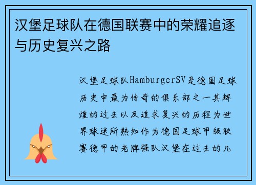 汉堡足球队在德国联赛中的荣耀追逐与历史复兴之路