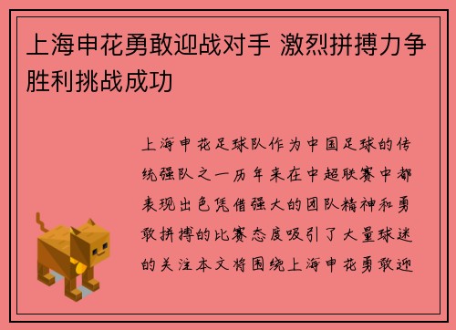 上海申花勇敢迎战对手 激烈拼搏力争胜利挑战成功