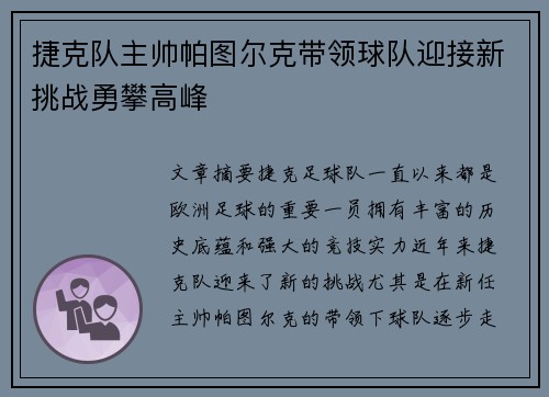 捷克队主帅帕图尔克带领球队迎接新挑战勇攀高峰