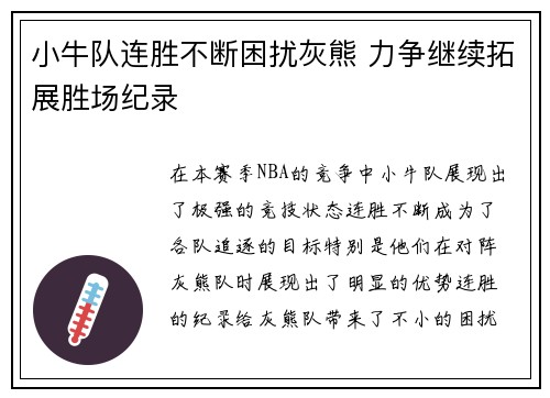 小牛队连胜不断困扰灰熊 力争继续拓展胜场纪录