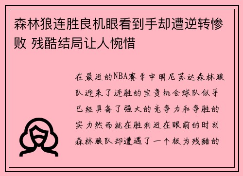 森林狼连胜良机眼看到手却遭逆转惨败 残酷结局让人惋惜