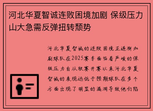 河北华夏智诚连败困境加剧 保级压力山大急需反弹扭转颓势