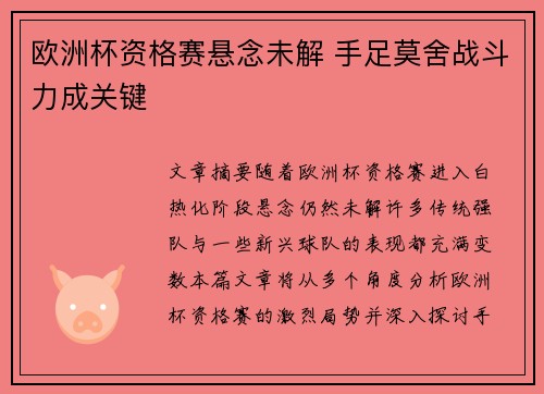 欧洲杯资格赛悬念未解 手足莫舍战斗力成关键