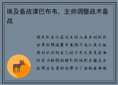 埃及备战津巴布韦，主帅调整战术备战