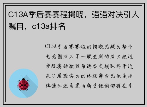 C13A季后赛赛程揭晓，强强对决引人瞩目，c13a排名